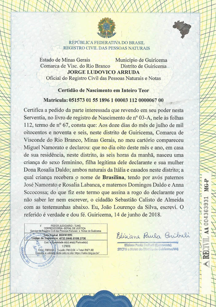 Certido de nascimento de Brasilina Namorato